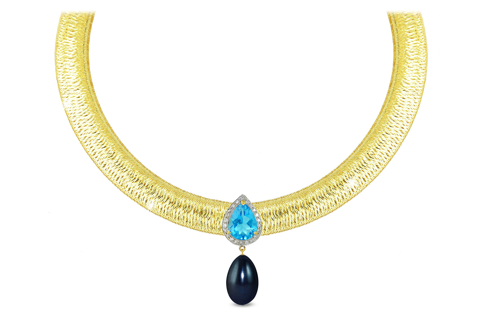 Vera Perla 18K Gold 0.12ct Diamonds, Topaz and 13mm Black Pearl Necklace